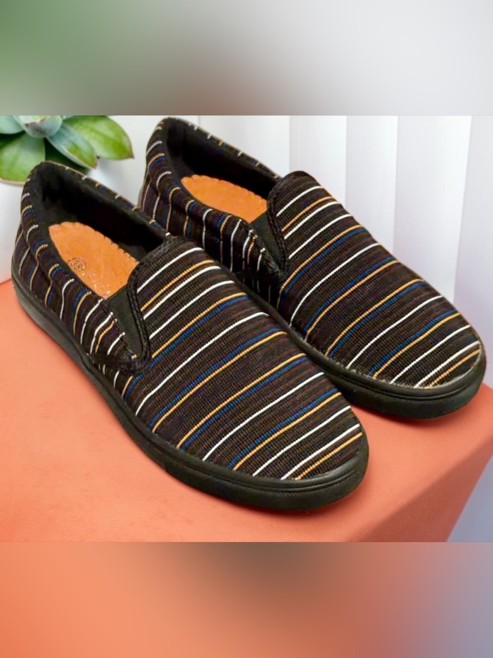 Black Multicolor Striped Slip-On Sneakers Bernie Mev Verona Unisex Comfort Shoe